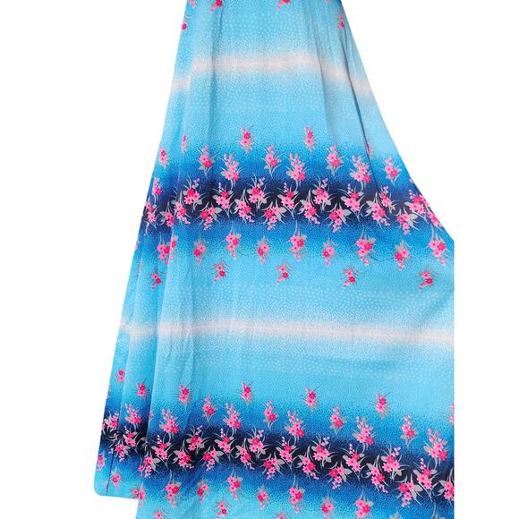 Vtg 60s Handmade Mod Hawaiian Style High Waist Blue Pink Flower Maxi Retro Dress - Picture 5 of 9